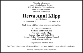 Traueranzeige von Herta Anni Klipp (geb. Kleinhaus)  von Magdeburger Volksstimme