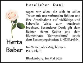 Traueranzeige von Herta Baber  von Magdeburger Volksstimme