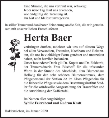 Traueranzeige von Herta Baer  von Magdeburger Volksstimme