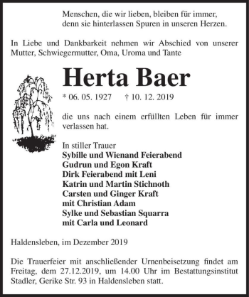 Traueranzeige von Herta Baer  von Magdeburger Volksstimme