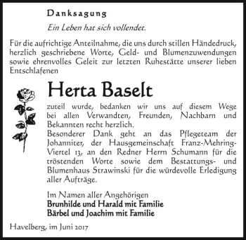 Traueranzeige von Herta Baselt  von Magdeburger Volksstimme