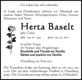 Traueranzeige von Herta Baselt (geb. Glüse)  von Magdeburger Volksstimme