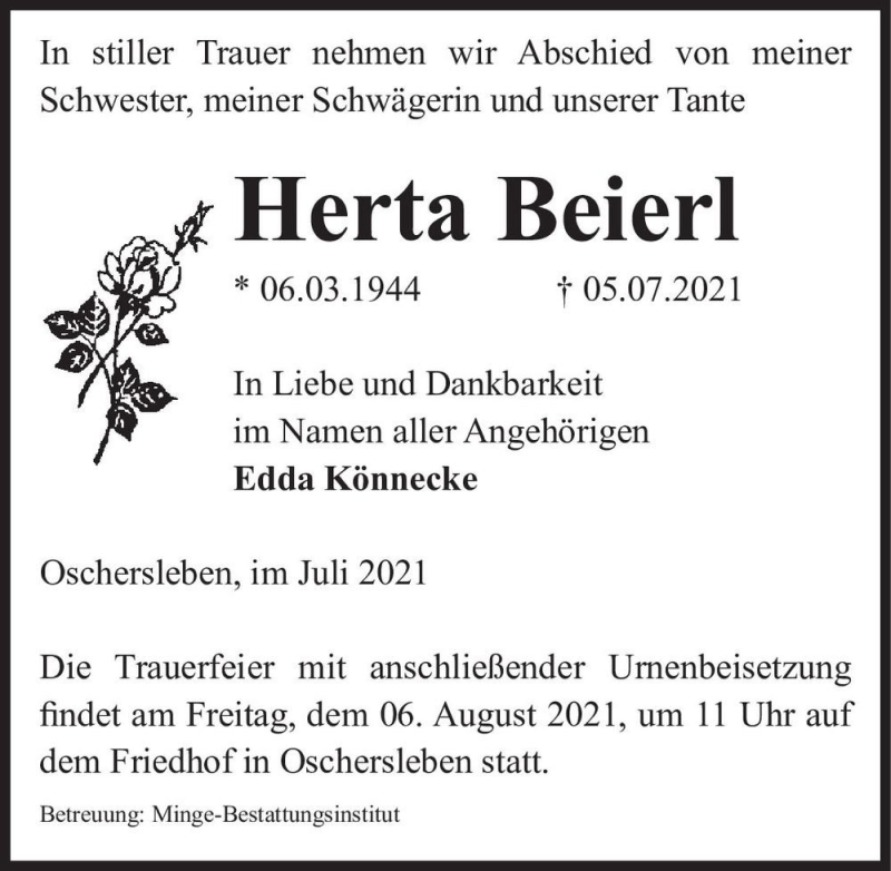  Traueranzeige für Herta Beierl  vom 24.07.2021 aus Magdeburger Volksstimme