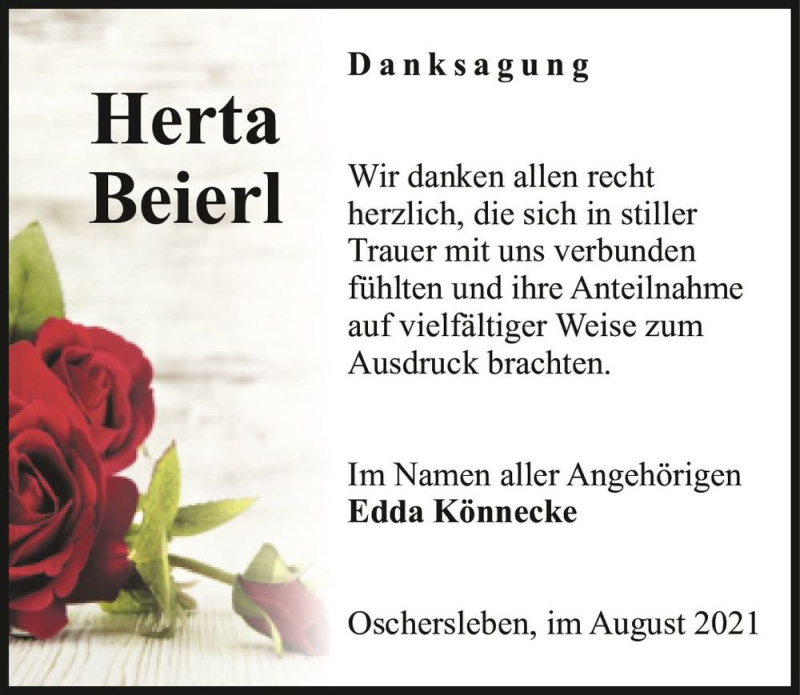 Traueranzeige für Herta Beierl  vom 14.08.2021 aus Magdeburger Volksstimme