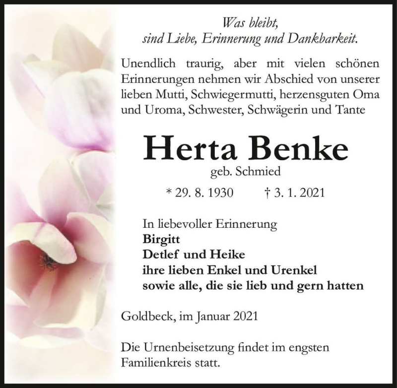  Traueranzeige für Herta Benke (geb. Schmied)  vom 27.01.2021 aus Magdeburger Volksstimme