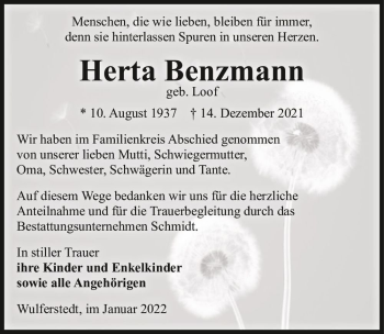 Traueranzeige von Herta Benzmann (geb. Loof)  von Magdeburger Volksstimme