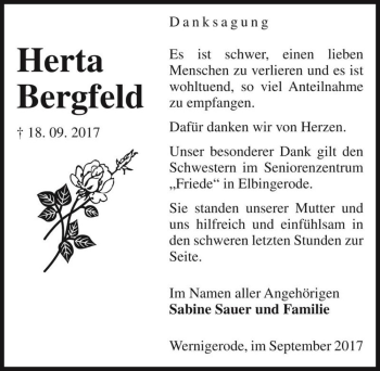 Traueranzeige von Herta Bergfeld  von Magdeburger Volksstimme
