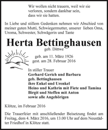 Traueranzeige von Herta Bettinghausen (geb. Dittwe)  von Magdeburger Volksstimme