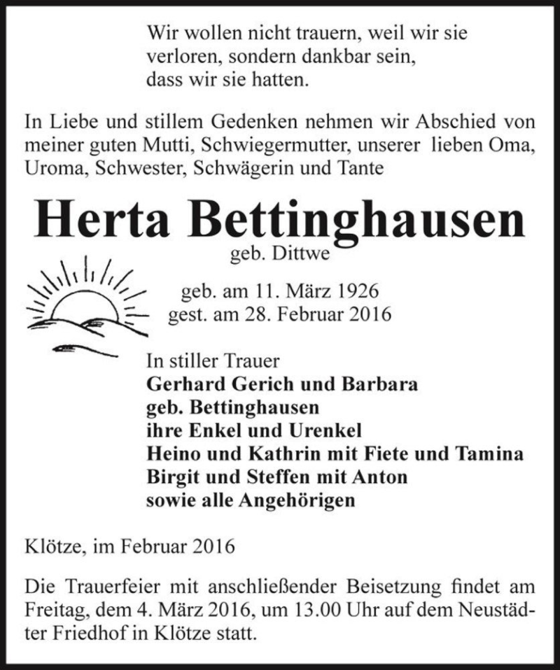  Traueranzeige für Herta Bettinghausen (geb. Dittwe)  vom 01.03.2016 aus Magdeburger Volksstimme