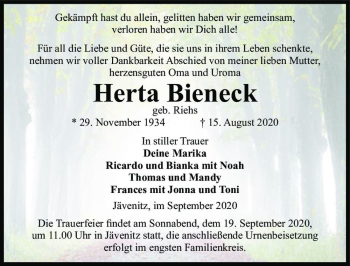 Traueranzeige von Herta Bieneck (geb. Riehs)  von Magdeburger Volksstimme