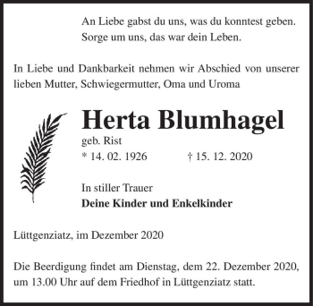 Traueranzeige von Herta Blumhagel (geb. Rist)  von Magdeburger Volksstimme