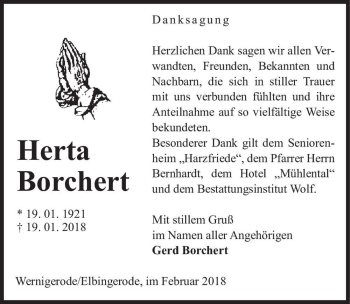 Traueranzeige von Herta Borchert  von Magdeburger Volksstimme