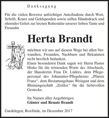 Traueranzeige von Herta Brandt  von Magdeburger Volksstimme