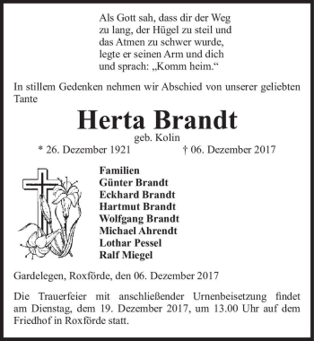 Traueranzeige von Herta Brandt (geb. Kolin)  von Magdeburger Volksstimme