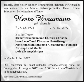 Traueranzeige von Herta Braumann (geb. Musche)  von Magdeburger Volksstimme