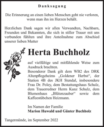 Traueranzeige von Herta Buchholz  von Magdeburger Volksstimme