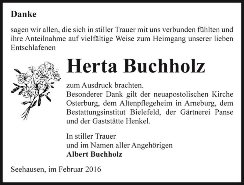  Traueranzeige für Herta Buchholz  vom 25.02.2016 aus Magdeburger Volksstimme