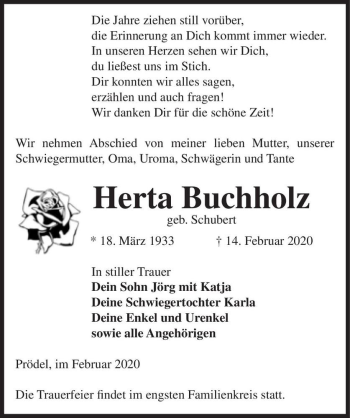 Traueranzeige von Herta Buchholz (geb. Schubert)  von Magdeburger Volksstimme