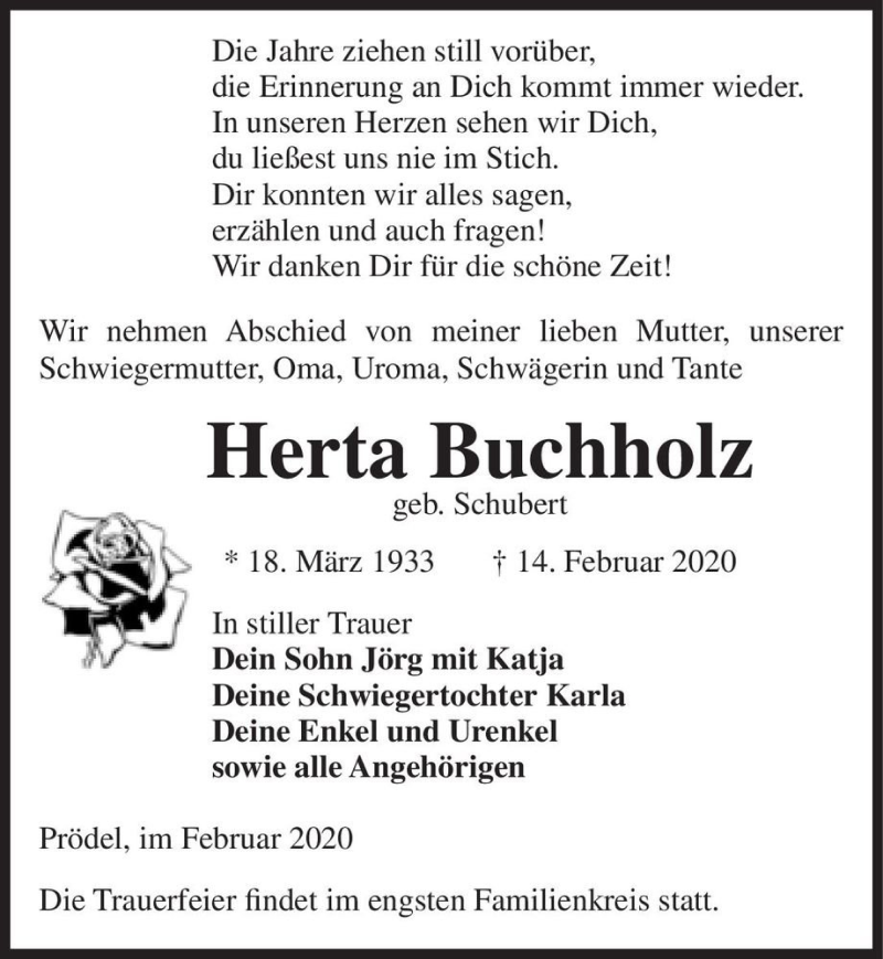  Traueranzeige für Herta Buchholz (geb. Schubert)  vom 03.03.2020 aus Magdeburger Volksstimme