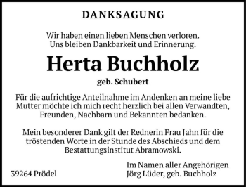 Traueranzeige von Herta Buchholz (geb. Schubert)  von Magdeburger Volksstimme