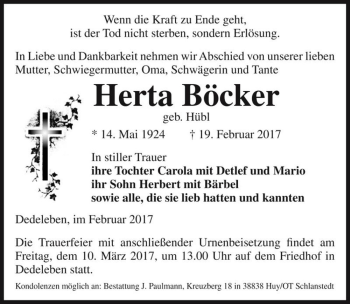 Traueranzeige von Herta Böcker (geb. Hübl)  von Magdeburger Volksstimme