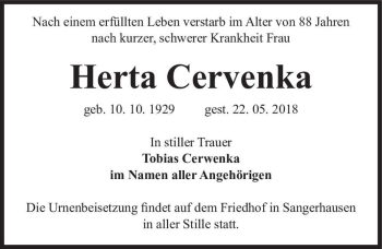 Traueranzeige von Herta Cervenka  von Magdeburger Volksstimme