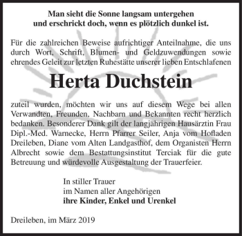 Traueranzeige von Herta Duchstein  von Magdeburger Volksstimme