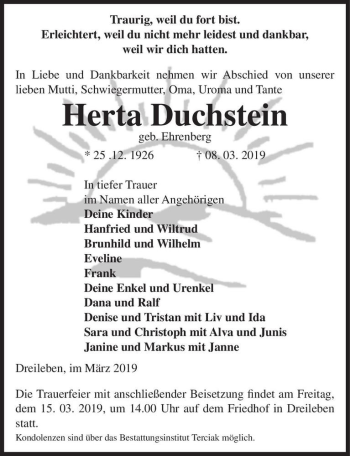 Traueranzeige von Herta Duchstein (geb. Ehrenberg)  von Magdeburger Volksstimme