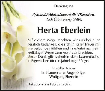 Traueranzeige von Herta Eberlein  von Magdeburger Volksstimme