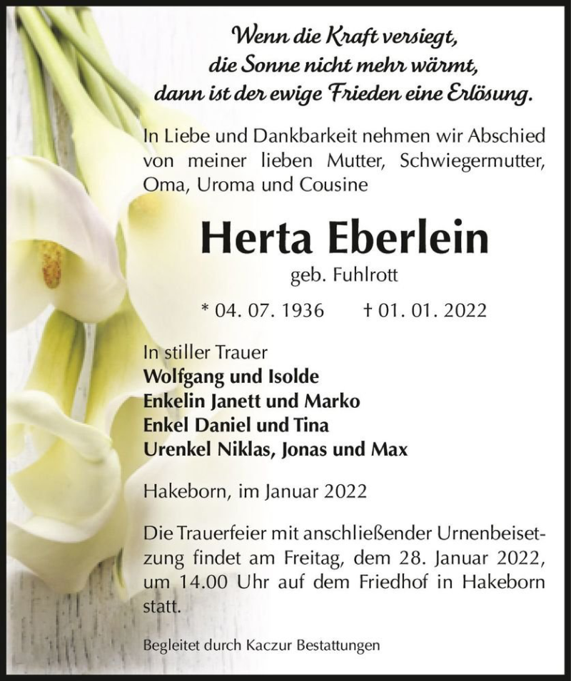  Traueranzeige für Herta Eberlein (geb. Fuhlrott)  vom 08.01.2022 aus Magdeburger Volksstimme