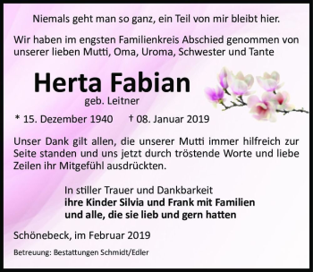 Traueranzeige von Herta Fabian (geb. Leitner)  von Magdeburger Volksstimme
