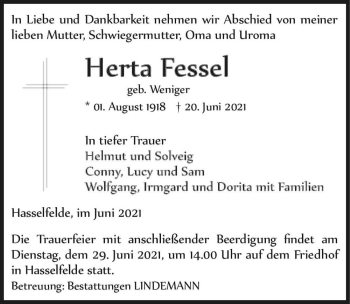 Traueranzeige von Herta Fessel (geb. Weniger)  von Magdeburger Volksstimme
