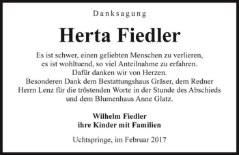 Traueranzeige von Herta Fiedler  von Magdeburger Volksstimme