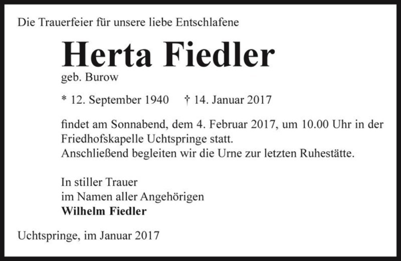  Traueranzeige für Herta Fiedler (geb. Burow)  vom 28.01.2017 aus Magdeburger Volksstimme