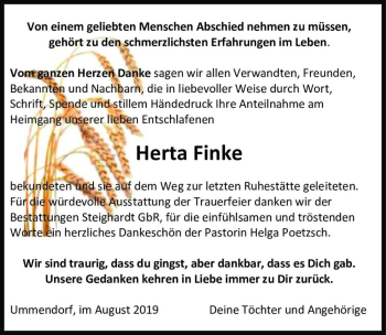 Traueranzeige von Herta Finke  von Magdeburger Volksstimme