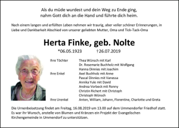 Traueranzeige von Herta Finke (geb. Nolte)  von Magdeburger Volksstimme