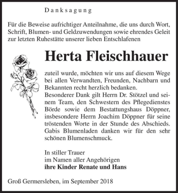 Traueranzeige von Herta Fleischhauer  von Magdeburger Volksstimme