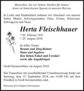 Traueranzeige von Herta Fleischhauer  von Magdeburger Volksstimme