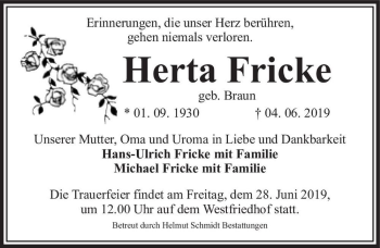 Traueranzeige von Herta Fricke (geb. Braun)  von Magdeburger Volksstimme