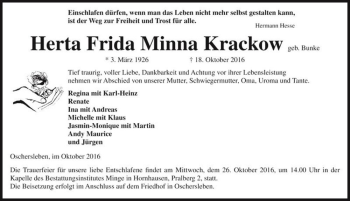 Traueranzeige von Herta Frida Minna Krackow (geb. Bunke)  von Magdeburger Volksstimme