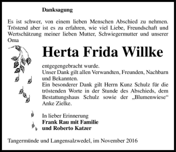 Traueranzeige von Herta Frida Willke  von Magdeburger Volksstimme