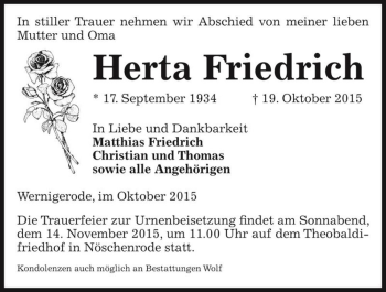 Traueranzeige von Herta Friedrich  von Magdeburger Volksstimme