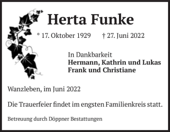 Traueranzeige von Herta Funke  von Magdeburger Volksstimme