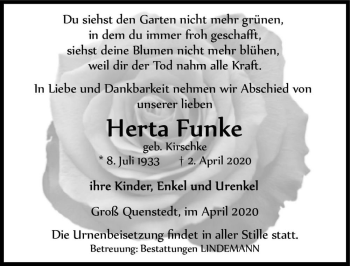 Traueranzeige von Herta Funke (geb. Kirschke)  von Magdeburger Volksstimme
