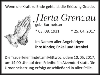 Traueranzeige von Herta Grenzau (geb. Burmeister)  von Magdeburger Volksstimme
