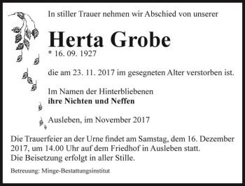 Traueranzeige von Herta Grobe  von Magdeburger Volksstimme
