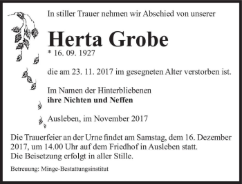 Traueranzeige von Herta Grobe  von Magdeburger Volksstimme