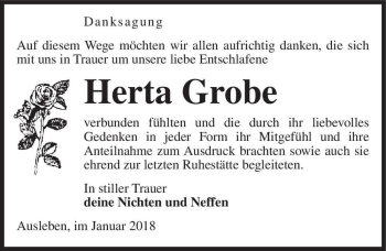 Traueranzeige von Herta Grobe  von Magdeburger Volksstimme