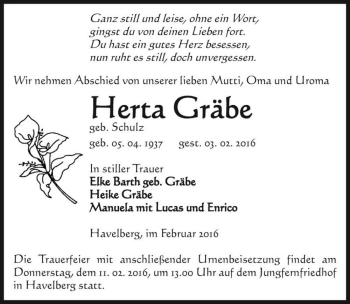 Traueranzeige von Herta Gräbe (geb. Schulz)  von Magdeburger Volksstimme