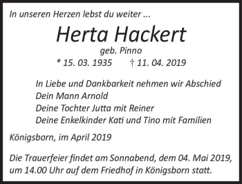 Traueranzeige von Herta Hackert (geb. Pinno)  von Magdeburger Volksstimme